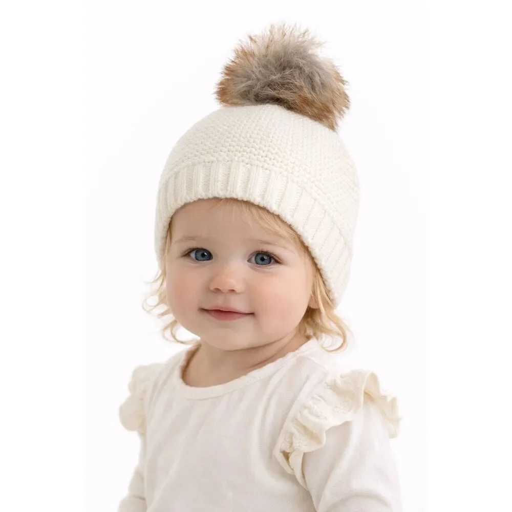Baby Girl Cream Knit Beanie Hat Faux Fur Pom Pom Winter Cap 12M Toddler